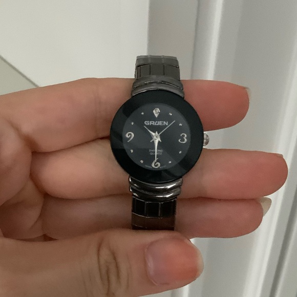 Vintage GRUEN Dimond Ladies Watch Black Tone Stretch Band in original box GU5015 - Picture 12 of 16